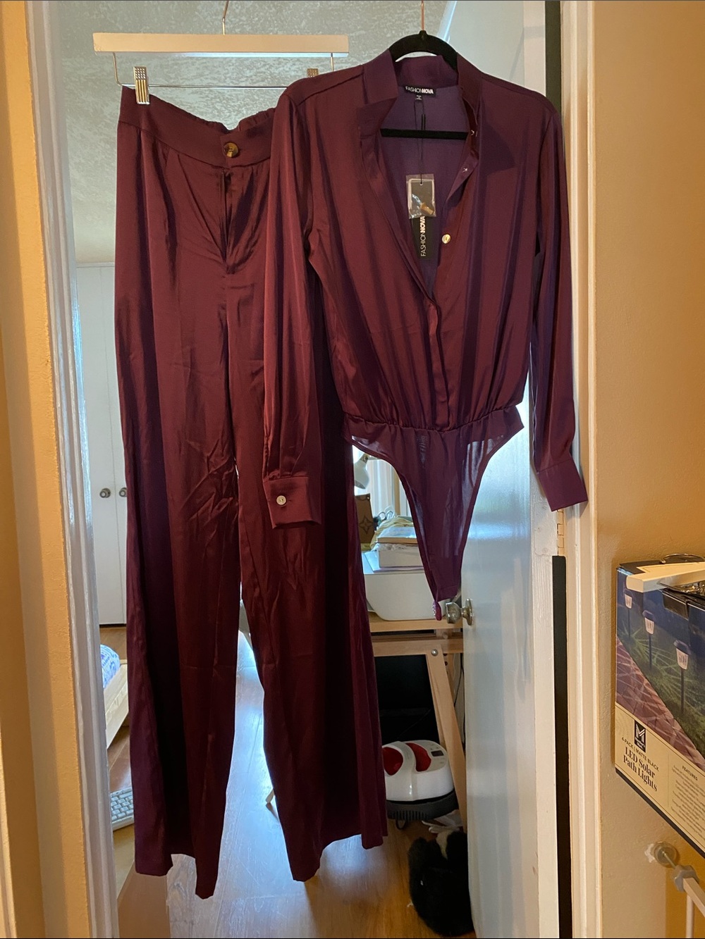 FASHION NOVA PURPLE Satin Button-Front Bodysuit with Wide-Leg Pants